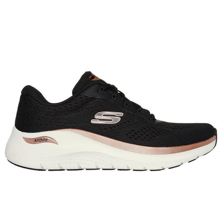 Women's Wide Fit Skechers Arch Fit 150067 2.0 Glow The Distance Trainers in Black/Rose Gold - Image 1