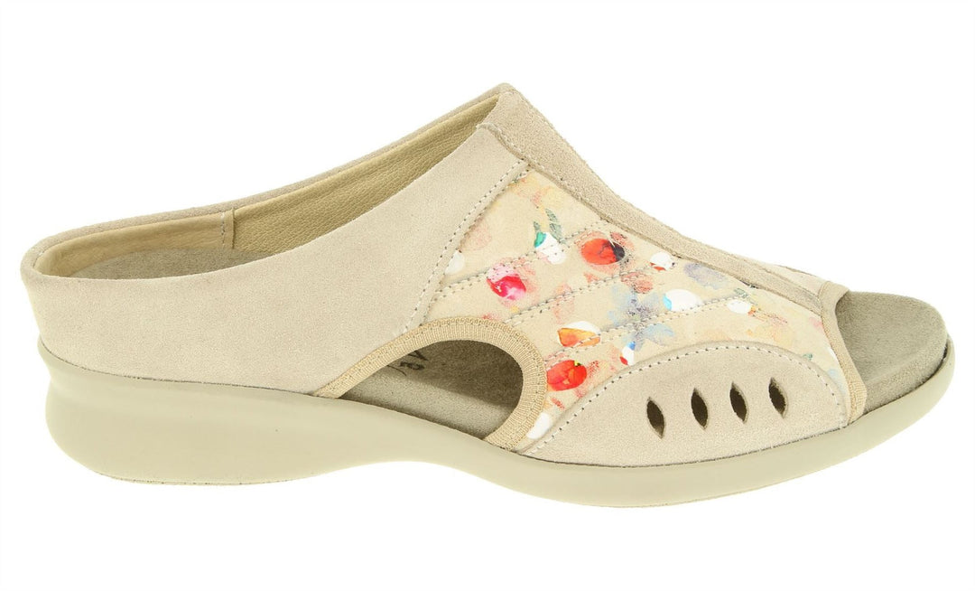 Womens Wide Fit DB Wigeon Mules in Beige Suede / Stretch Textile - Image 2