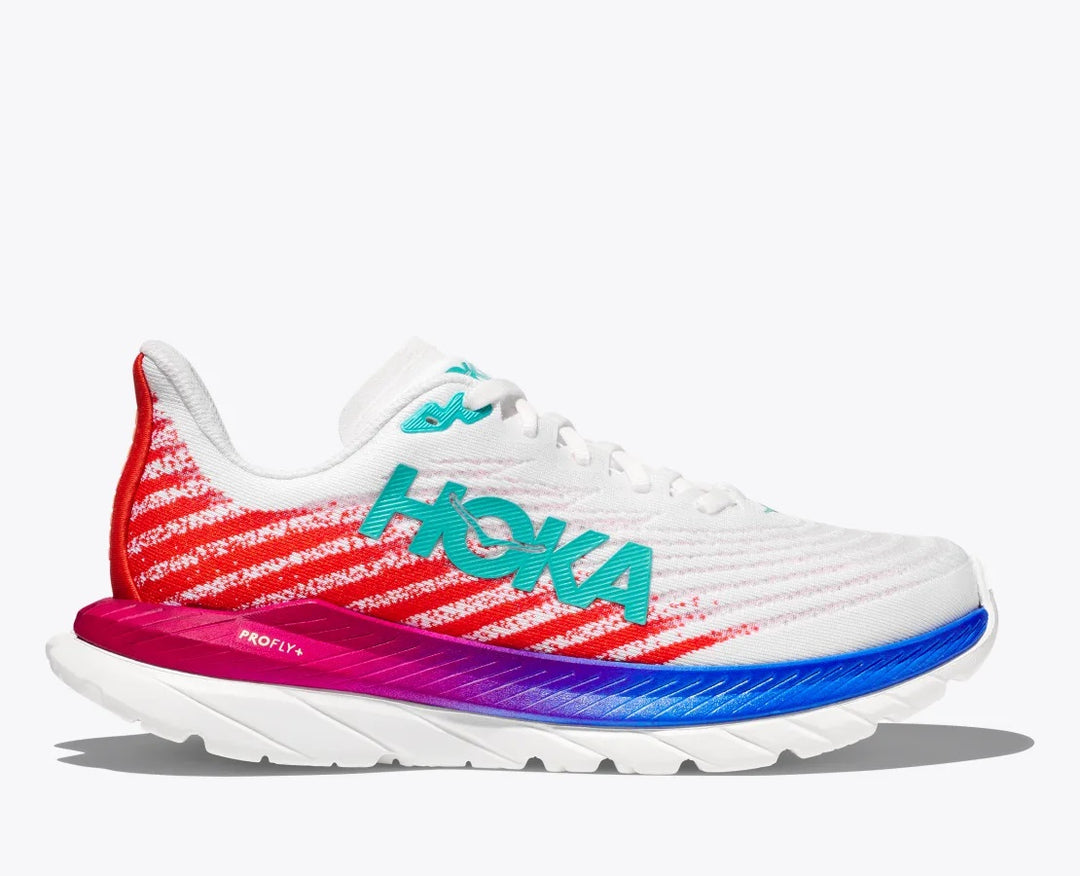 Women's Wide Fit Hoka Mach 5 Profly Running Trainers in White/Flame - Image 2