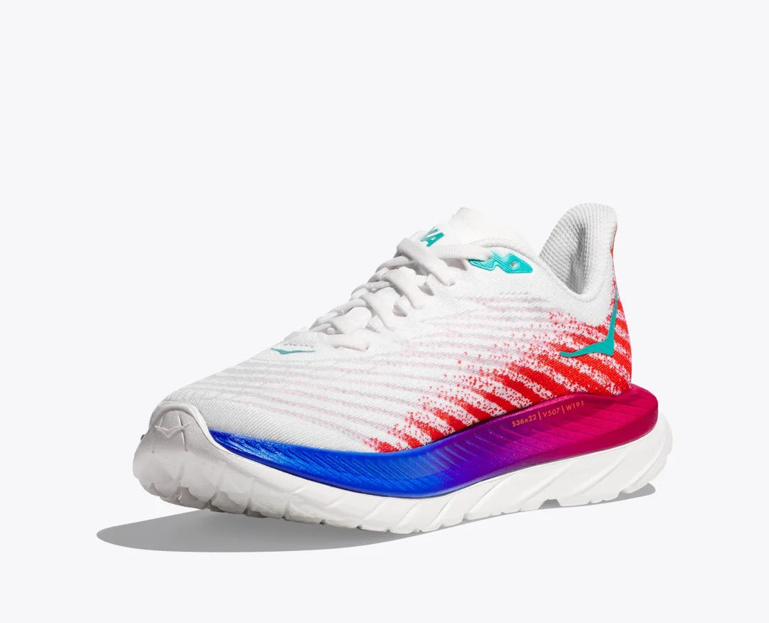 Women's Wide Fit Hoka Mach 5 Profly Running Trainers in White/Flame - Image 4
