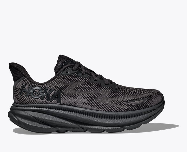 Men's Wide Fit Hoka Clifton 9 Running Trainers in Black - Image 1