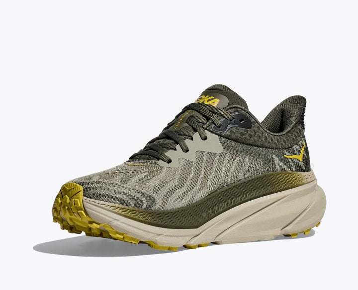 Men's Wide Fit Hoka Challenger 7 Trail Running Trainers in Olive Haze/Forest Cover - Image 1
