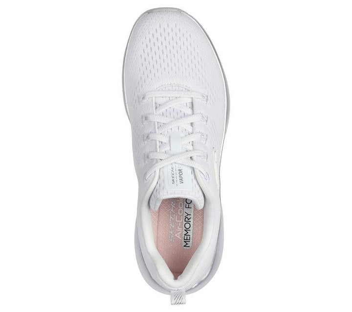 Women's Wide Fit Skechers 150025 Vapor Foam Midnight Glimmer Trainers in White/Silver - Image 1
