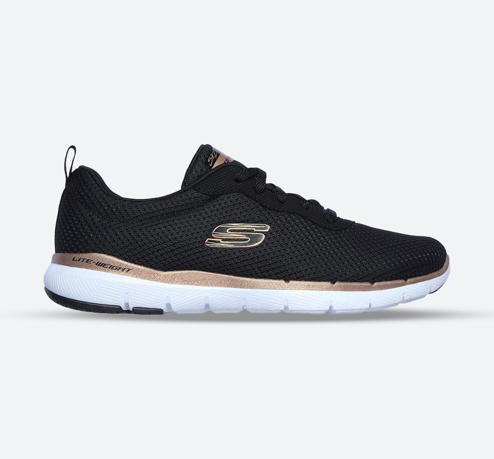 Womens Wide Fit Skechers Flex Appeal 3.0 - 13070 Walking Trainers in Black Rose Gold - Image 1