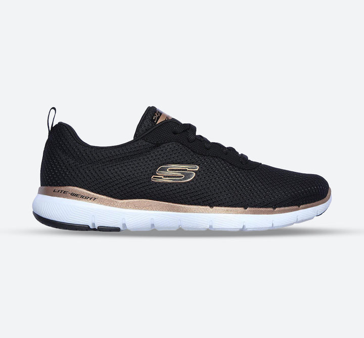 Womens Wide Fit Skechers Flex Appeal 3.0 - 13070 Walking Trainers in Black Rose Gold - Image 1