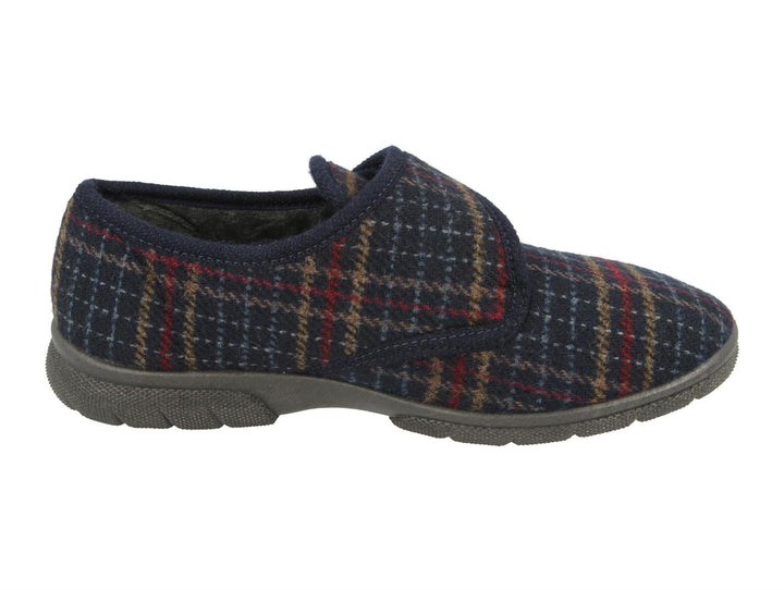 Mens Wide Fit DB Tartan Slippers in Navy Tartan - Image 1