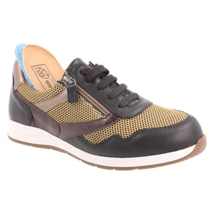 Women's Wide Fit DB Ava Lace Up Trainers in Black Leather / Gold Mesh - Image 6