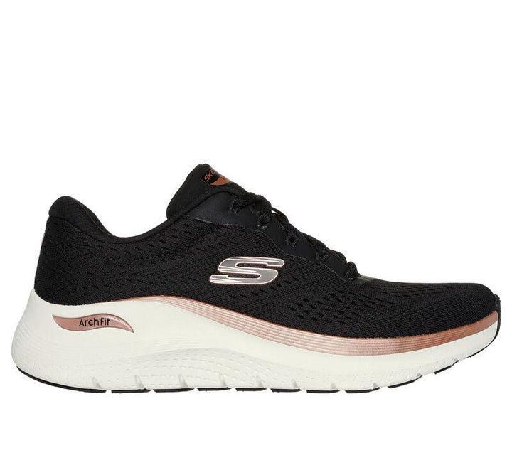 Women's Wide Fit Skechers 150067 Arch Fit 2.0 Glow The Distance Trainers in Black/Rose Gold - Image 1