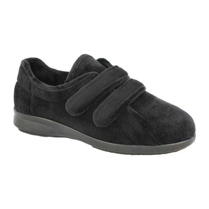 Women's Wide Fit DB Fork Slippers in Black velour - Image 1