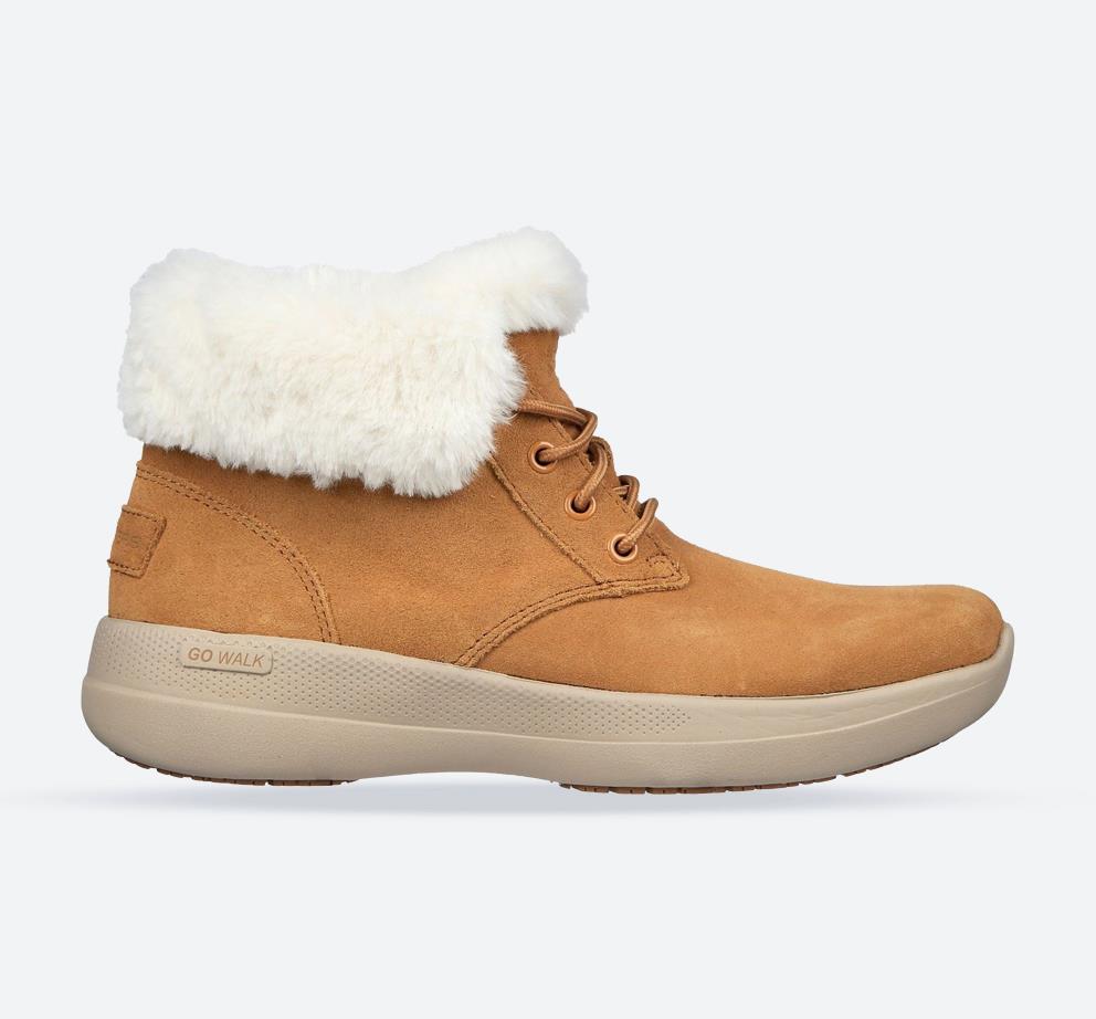 Women's Wide Fit Skechers 144665 Go Walk Stability Comfy Days Ankle Boots in Chestnut - Image 1