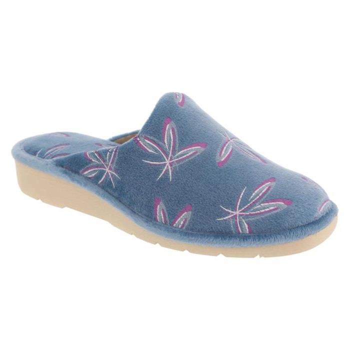 Women's Wide Fit DB Balsam Mule Slippers in Blue Floral Velour - Image 4