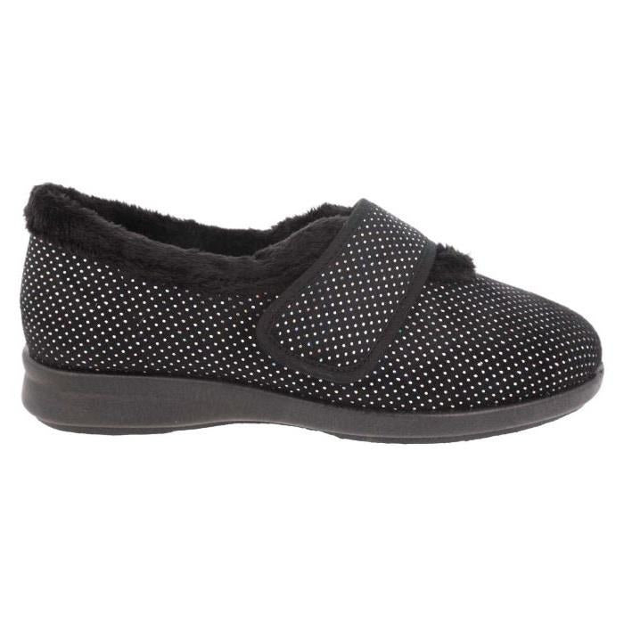 Women's Wide Fit DB Heidi Slippers in Black Velour / Shiny Dot - Image 2