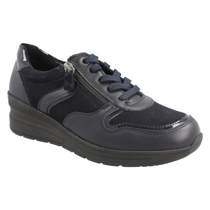 Women's Wide Fit DB Fleet Trainers in Black Crinkly Patent / Snake Lea - Image 1