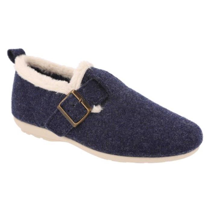 Women's Wide Fit DB Gracie Buckle Slippers in Navy Felt - Image 1