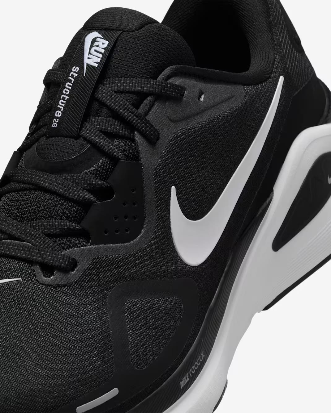 Men's Wide Fit Nike HQ2588-001 Structure 26 Running Stability Trainers in Black/White - Image 5