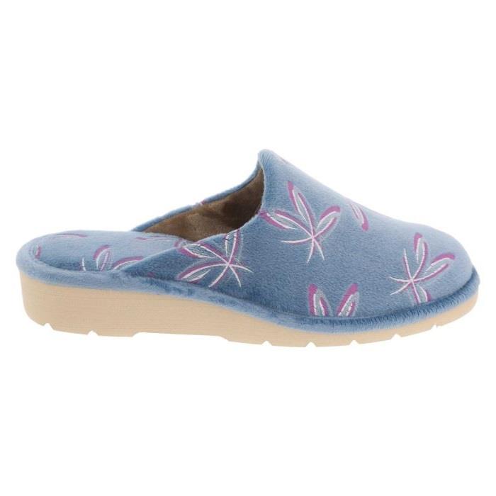 Women's Wide Fit DB Balsam Mule Slippers in Blue Floral Velour - Image 1