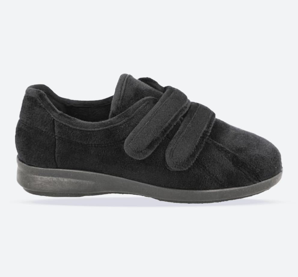 Women's Wide Fit DB Fork Slippers in Black velour - Image 1