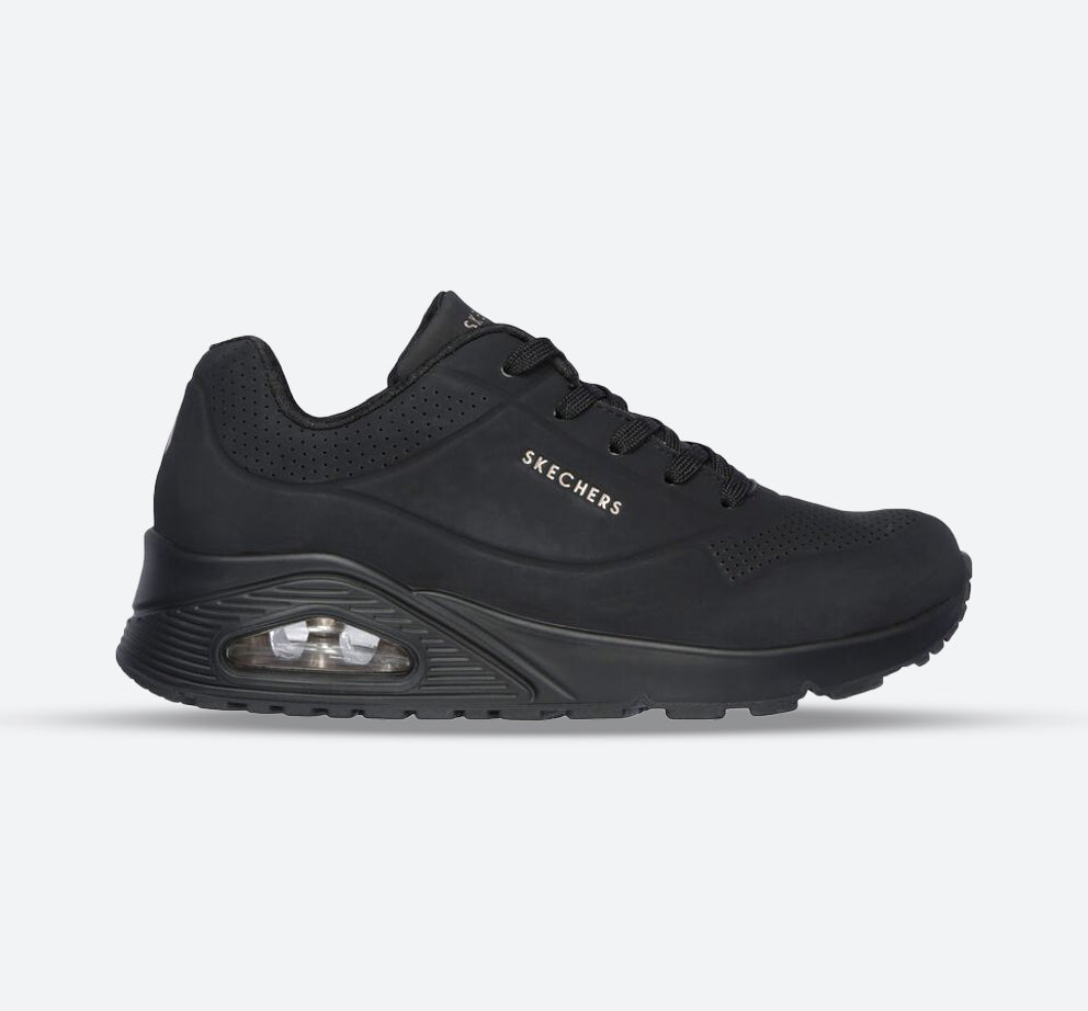 Women's Wide Fit Skechers 73690 Uno - Stand On Air Walking Street Wear Trainers - Black in Black - Image 1