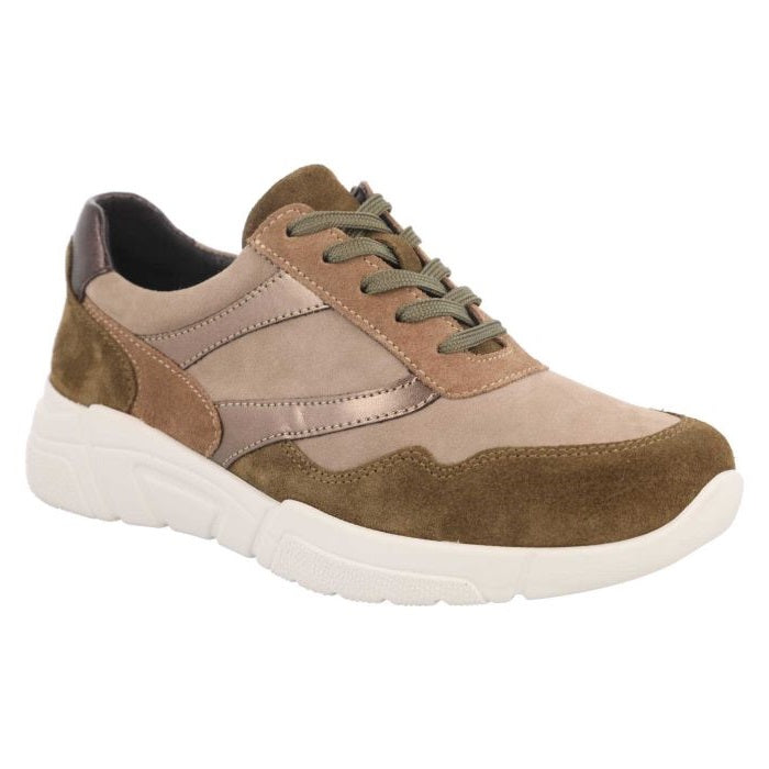 Women's Wide Fit DB Watercress Trainers in Beige Leather / Khaki Suede - Image 1