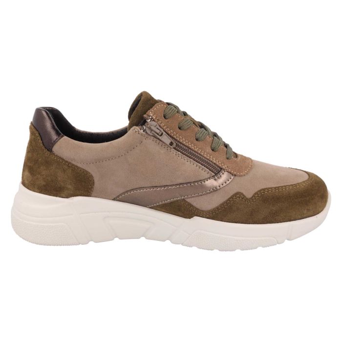 Women's Wide Fit DB Watercress Trainers in Beige Leather / Khaki Suede - Image 1