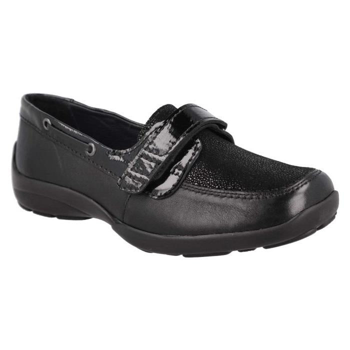Women's Wide Fit DB Fiddle Shoes in Black Leather / Patent / Spot - Image 1