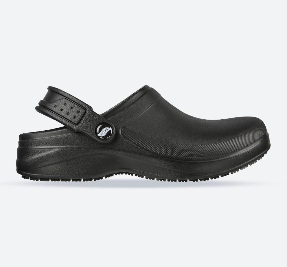 Women's Wide Fit Skechers 108067 Riverbound Pasay Arch Fit Clog Shoes in Black - Image 1