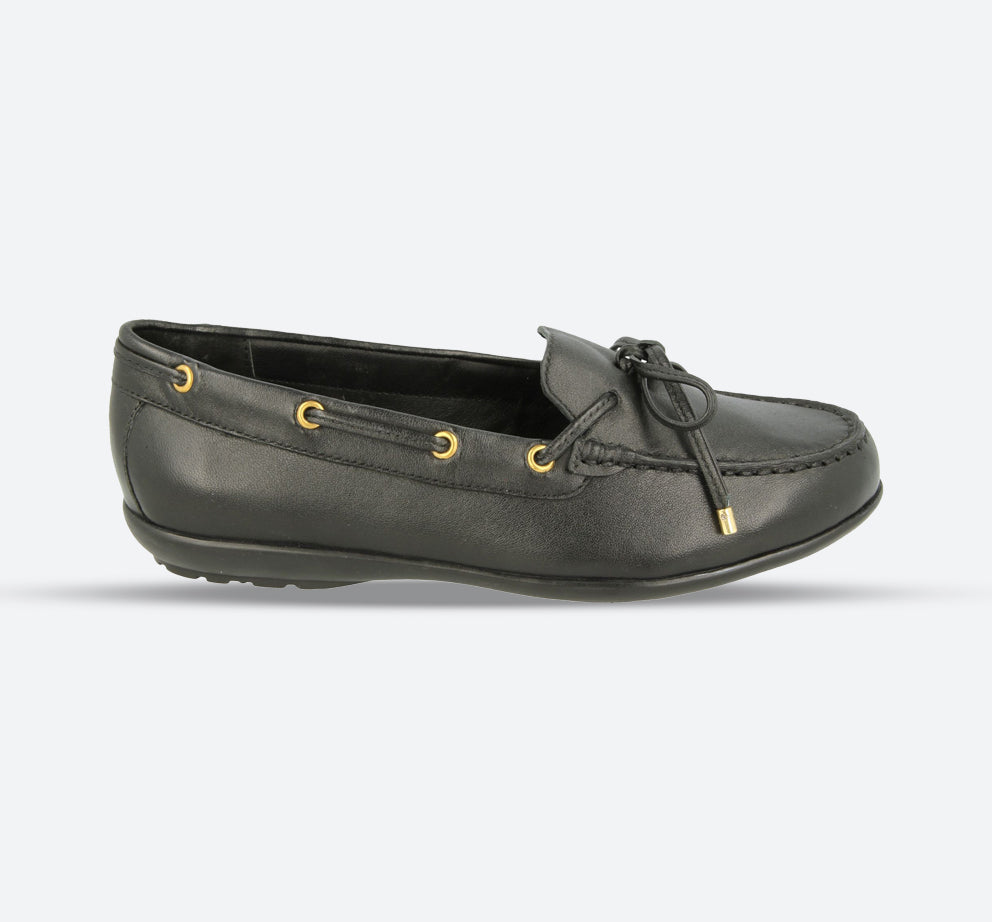 Womens Wide Fit DB Bow Shoes in Black Leather - Image 1