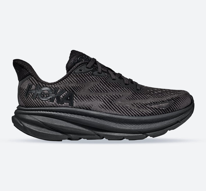 Men's Wide Fit Hoka Clifton 9 Running Trainers in Black - Image 1