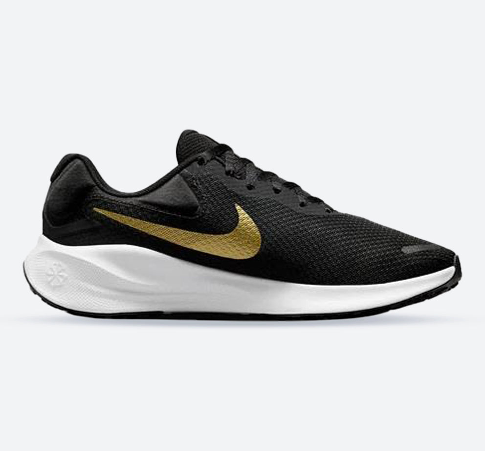 Women's Wide Fit Nike FZ6829-002 Revolution 7 Trainers in Black/White/Metallic Gold - Image 1