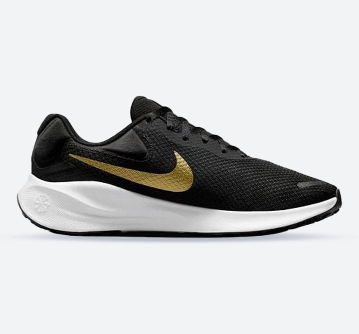 Women's Wide Fit Nike FZ6829-002 Revolution 7 Trainers in Black/White/Metallic Gold - Image 1