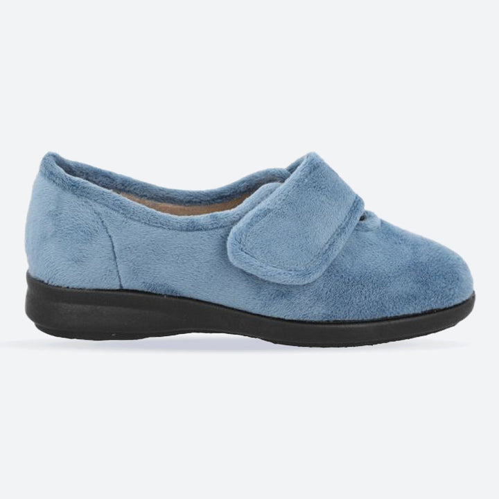 Women's Wide Fit DB Fountain Slippers in Sky Blue Velour - Image 1