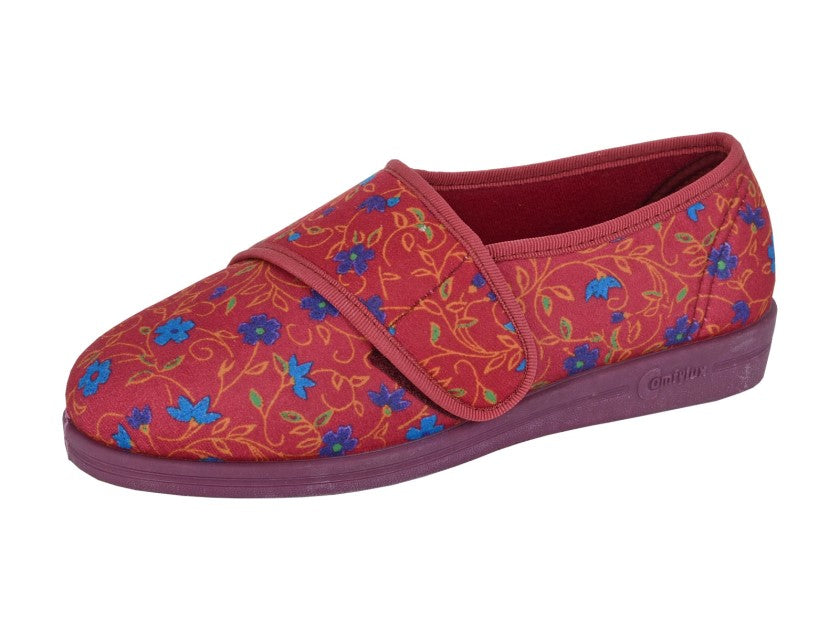 Womens Wide Fit Comfylux Sally Slippers in Wine Floral - Image 3