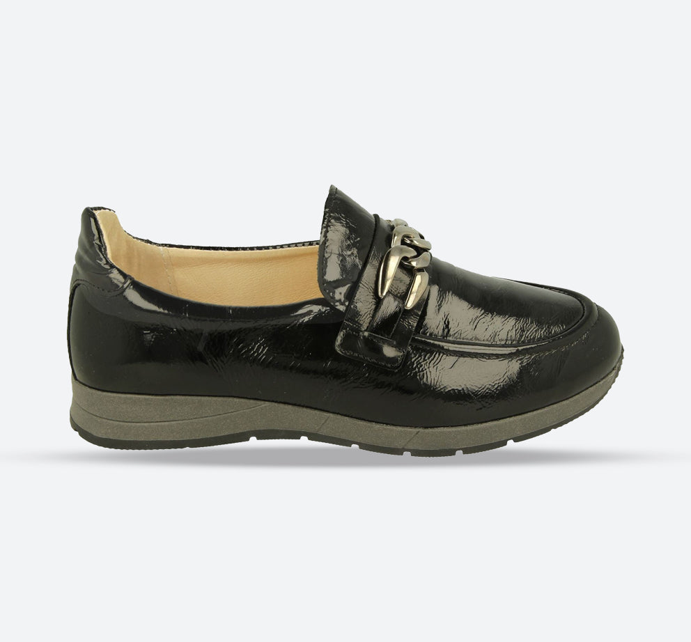 Womens Wide Fit DB Mandarin Shoes in Black Patent Crinkly Leather - Image 1