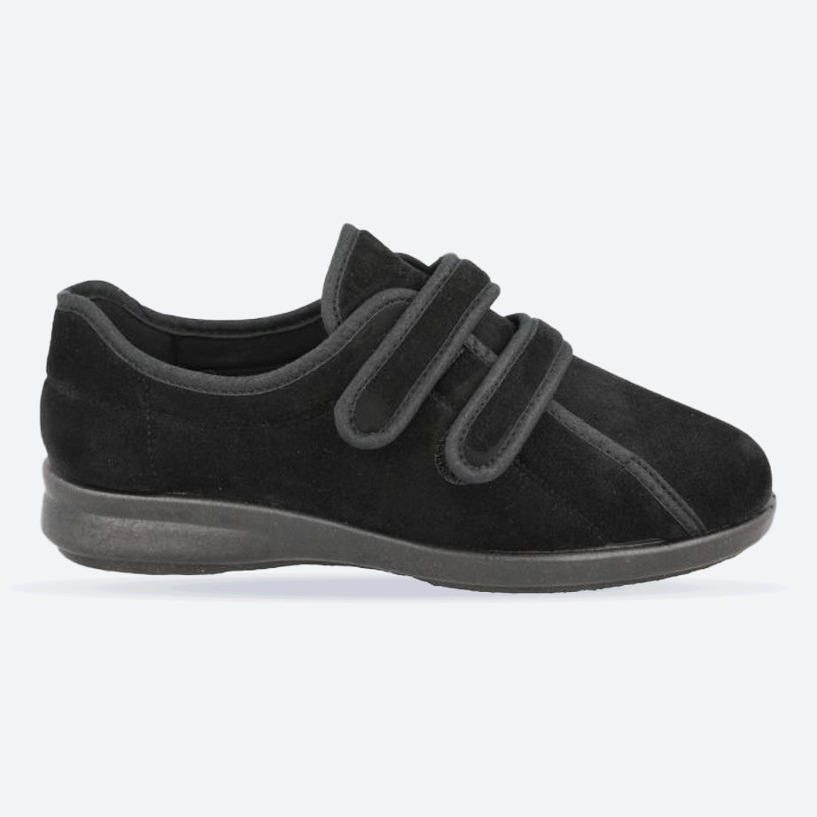 Women's Wide Fit DB Mansfield Slippers in Black Stretch Suedette - Image 1