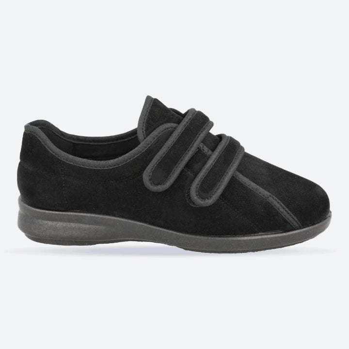 Women's Wide Fit DB Mansfield Slippers in Black Stretch Suedette - Image 1
