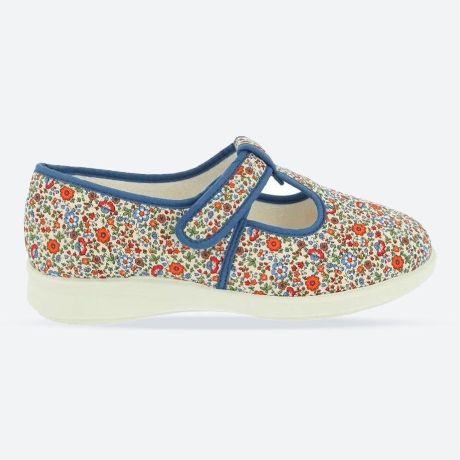 Women's Wide Fit DB Moorhen Shoes in Blue Multi Floral - Image 1