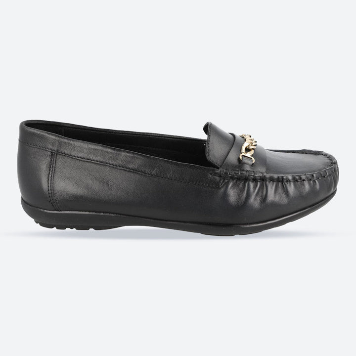 Women's Wide Fit DB Nicolette Loafer Shoes in Black Leather - Image 1