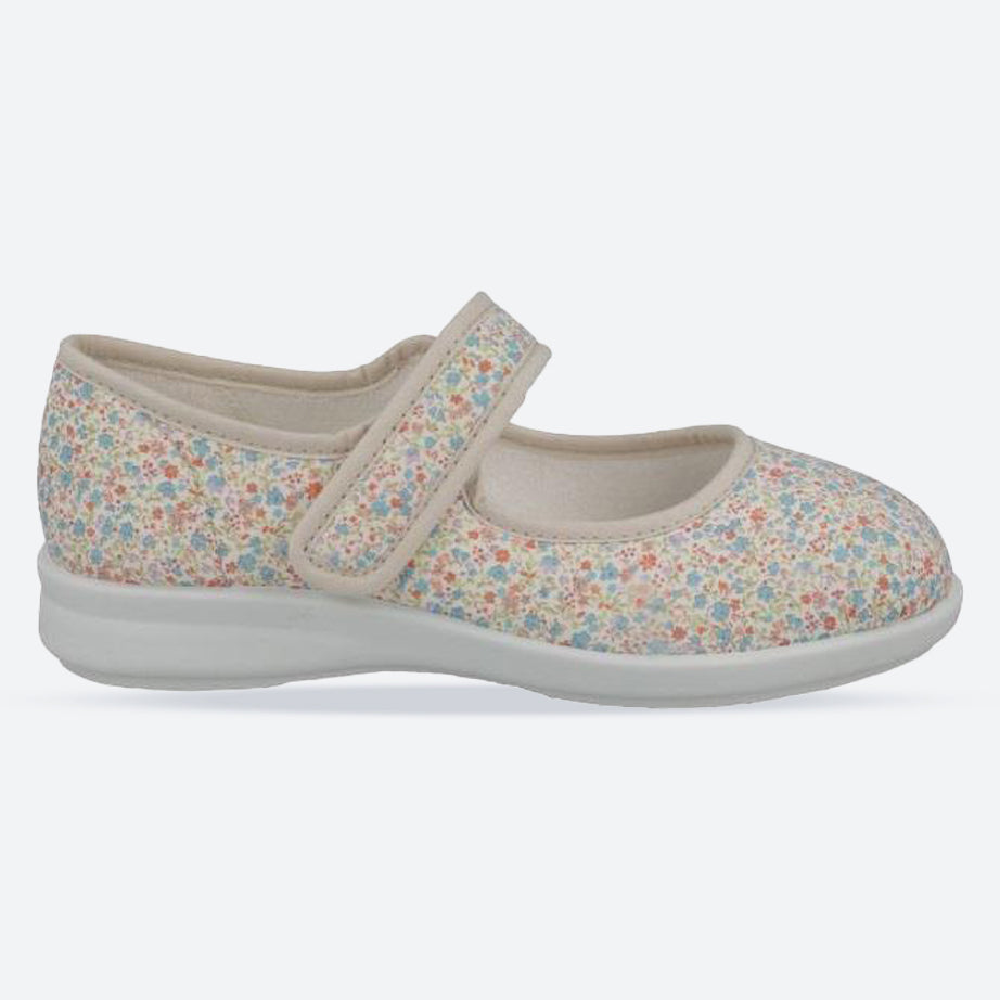 Women's Wide Fit DB Penguin Canvas Shoes in Beige Daisy Print - Image 1