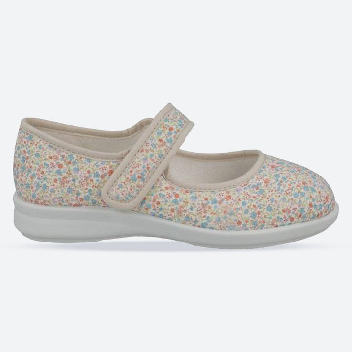 Women's Wide Fit DB Penguin Canvas Shoes in Beige Daisy Print - Image 1