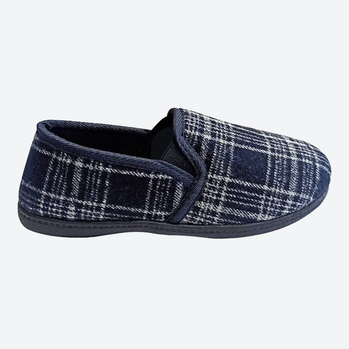 Mens Sleephhh Wide Fit Slip On House Slippers in Navy Check - Image 1
