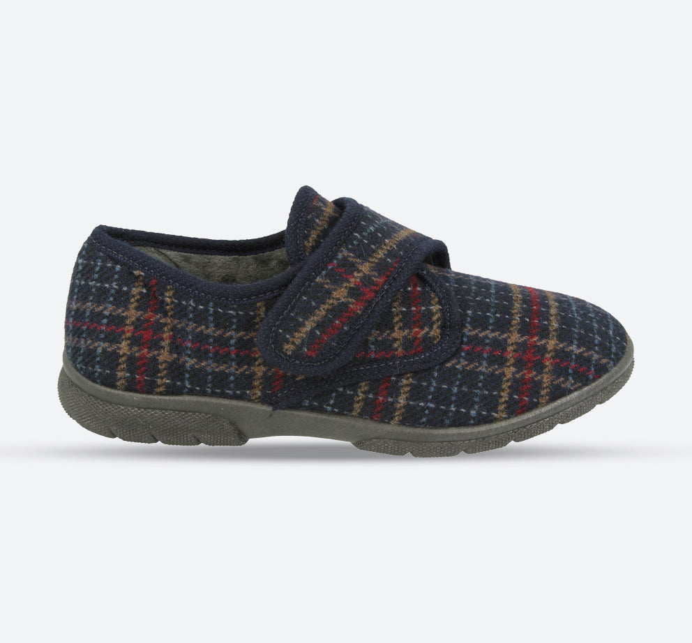 Mens Wide Fit DB Tartan Slippers in Navy Tartan - Image 1