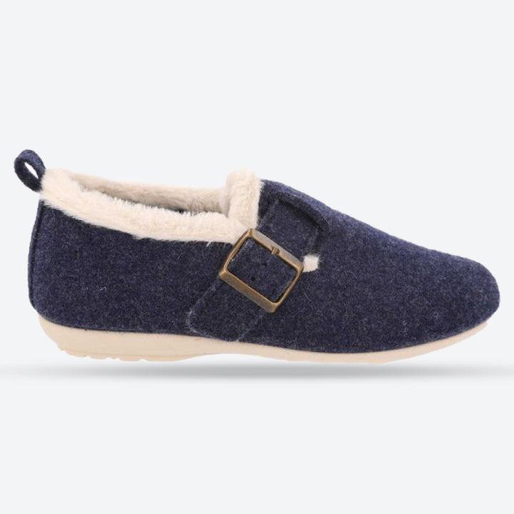 Women's Wide Fit DB Gracie Buckle Slippers in Navy Felt - Image 1