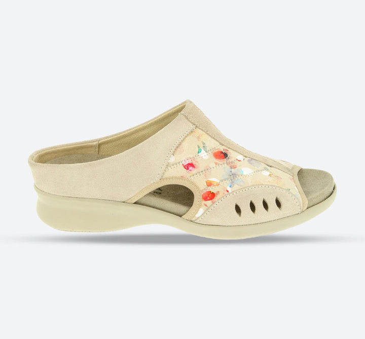 Womens Wide Fit DB Wigeon Mules in Beige Suede / Stretch Textile - Image 1