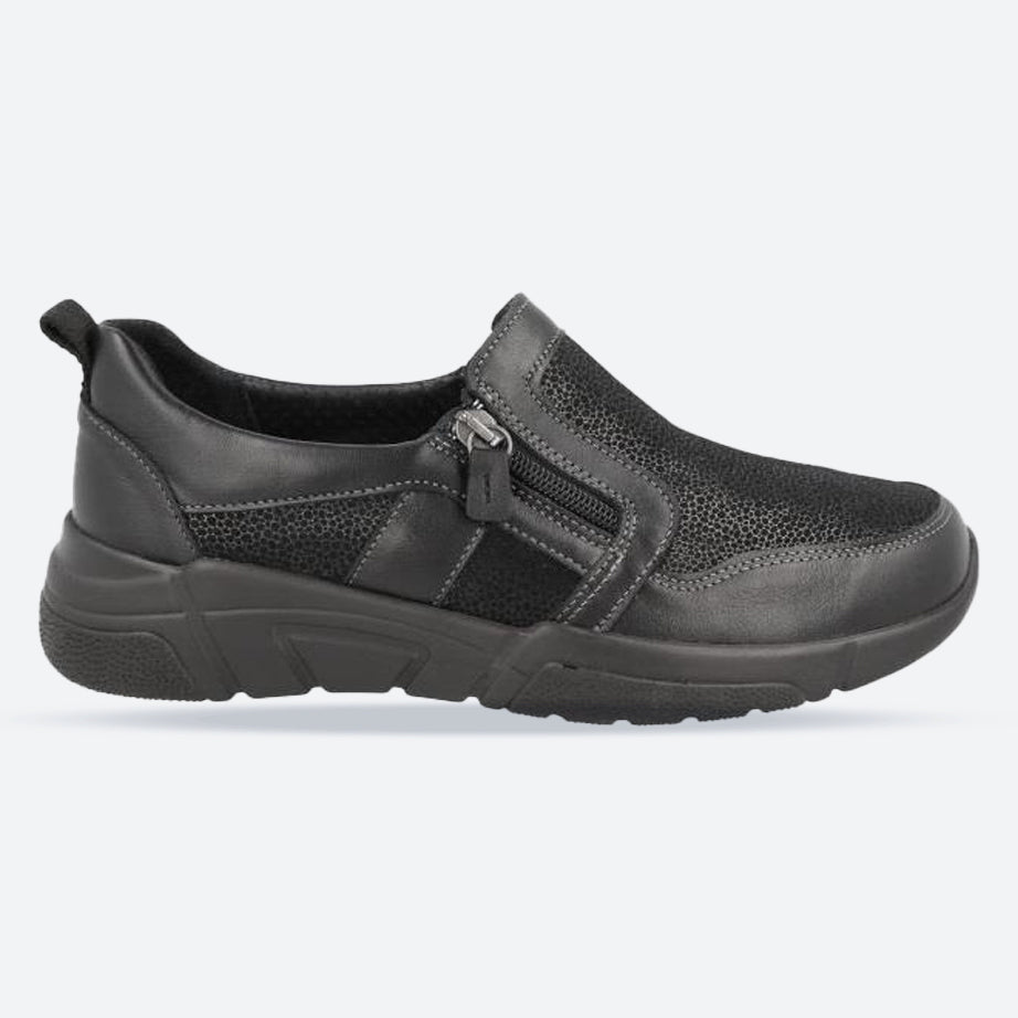 Women's Wide Fit DB Worth Shoes in Black Lea / Stretch Textile - Image 1