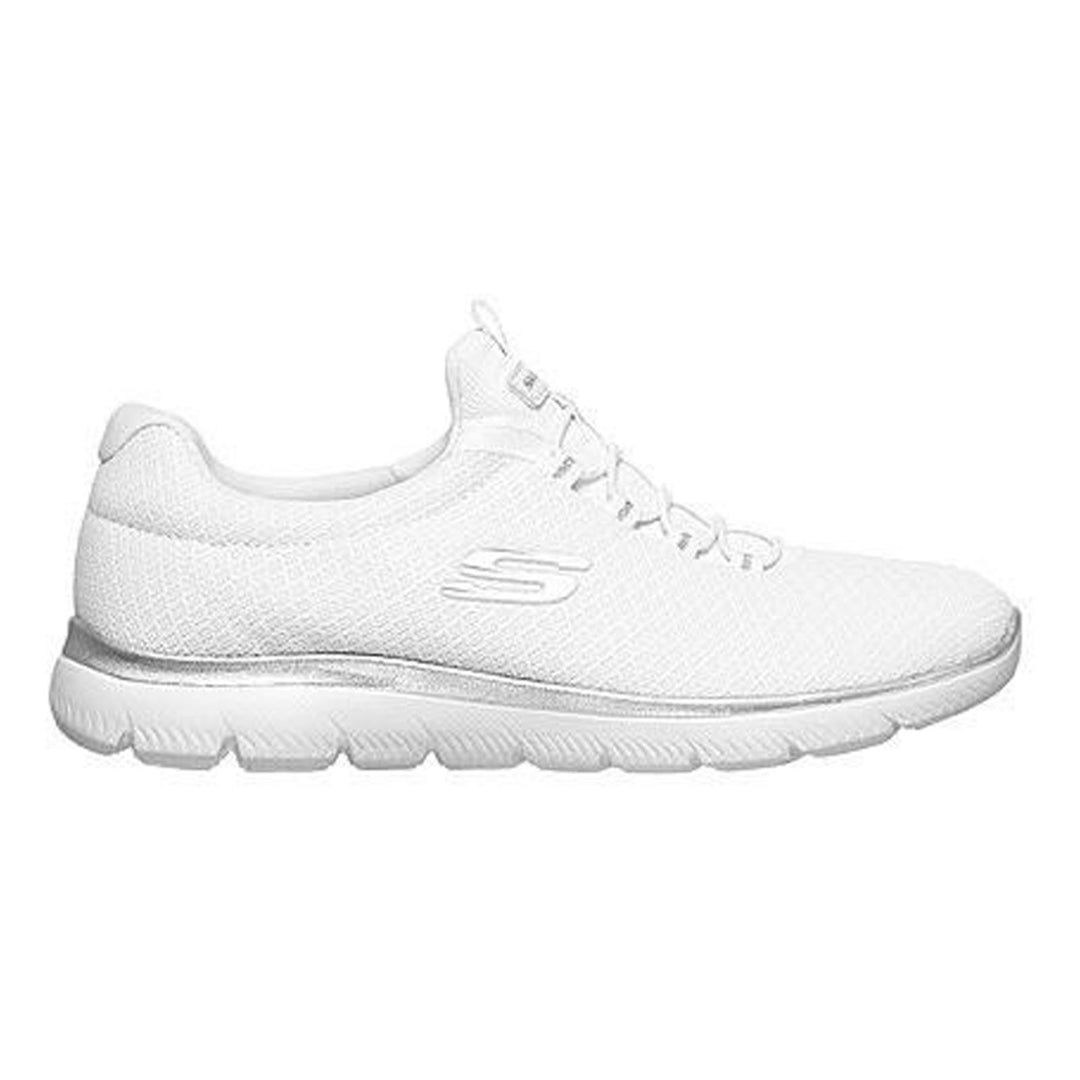 Women's Wide Fit Skechers 12980W Summits Slip On Sports Trainers in White/Silver - Image 2