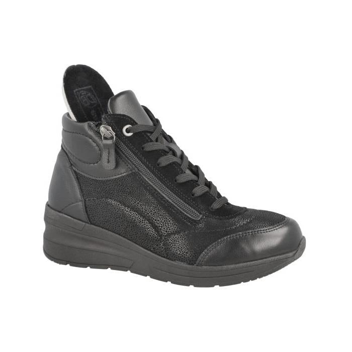 Women's Wide Fit DB Antelope Boots in Black Lea / Stretch Textile - Image 4