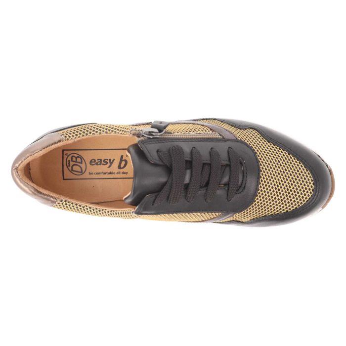 Women's Wide Fit DB Ava Lace Up Trainers in Black Leather / Gold Mesh - Image 1