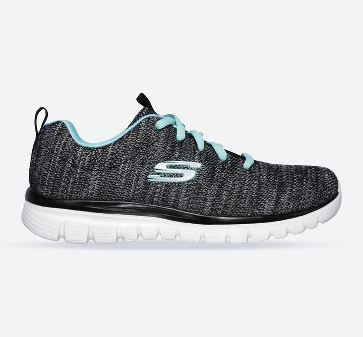 Women's Wide Fit Skechers 12614 Graceful Twisted Fortune Trainers - Black/Turquoise in Black/Turquoise - Image 1