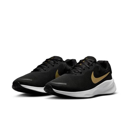 Women's Wide Fit Nike FZ6829-002 Revolution 7 Trainers in Black/White/Metallic Gold - Image 4