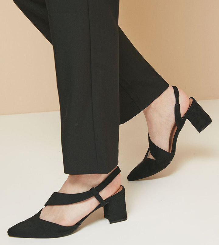 Women's Wide Fit Wallis Eve Asymmetric Strap Block Heel Pointed Court Shoes in Natural Black - Image 1
